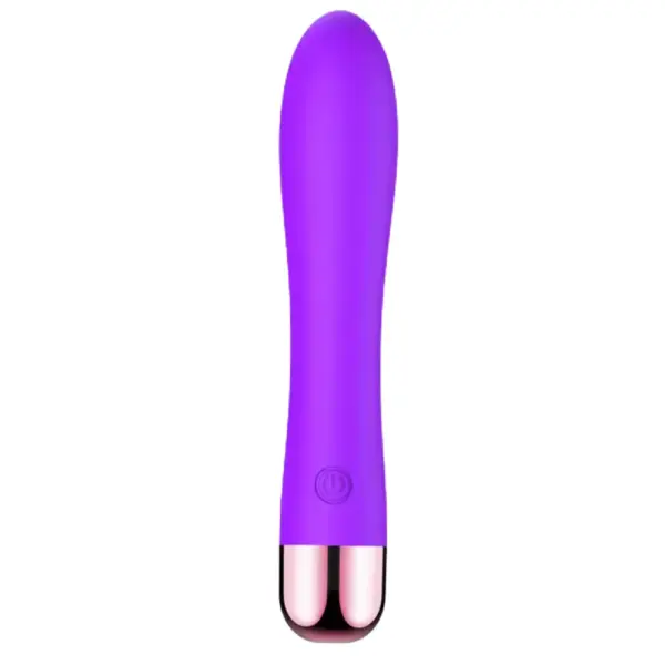 Purple 10 mode waterproof vibrating dildo shown standing vertically with smooth rounded head and rose-gold trim.