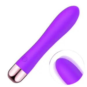 Angled view of the purple 10 mode waterproof vibrating dildo highlighting its gently contoured, slightly curved tip with a magnified vibrating inset to show smooth texture.
