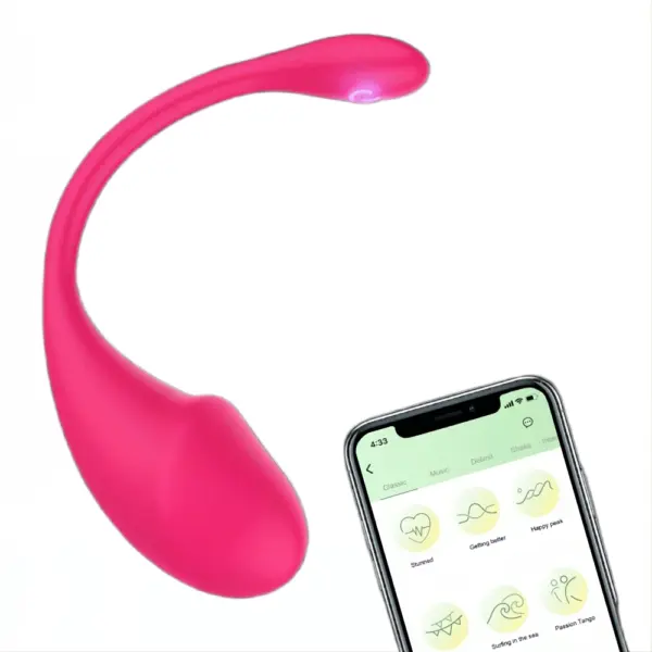 Pink APP Control Egg Vibrator beside a smartphone displaying a connected app with multiple vibration modes like Classic, Music, and Pulse.