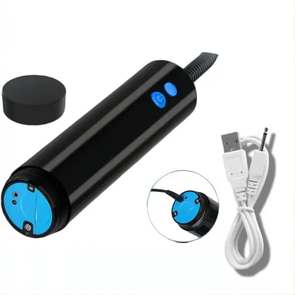Rechargeable Clitoral and Pussy Pump shown with USB charging cable and close-up of the charging port on the sleek black body.