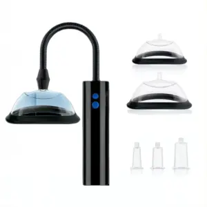 Clitoral and Pussy Pump kit featuring a black electric pump, a flexible suction hose, three nozzle adapters, and two transparent suction cups of different sizes.