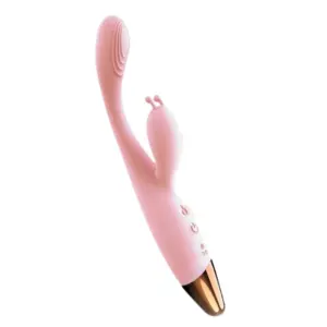 Silk & Pulse 12 Speeds Dual Bunny Vibrator in pink, angled view showing its curved shaft, bunny-ear clitoral stimulator, and handle-mounted control buttons