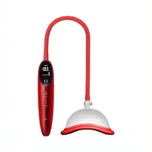The full Digital Screen Pussy Pump featuring a red flexible tube, ergonomic smart controller with a digital display, and a transparent suction dome with a red rim for targeted stimulation.