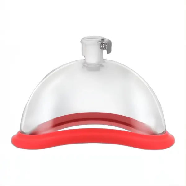 Close-up view of a clear suction cup with a red silicone rim from the Digital Screen Pussy Pump, designed for secure and comfortable intimate suction.