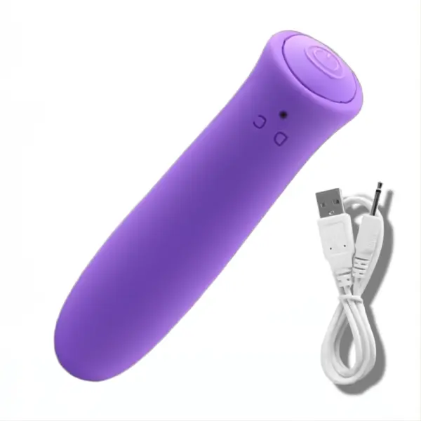 Close-up of the purple Fifion Powerful Mini Bullet Vibrator angled to show its rounded tip, power button, and included white USB charging cable.