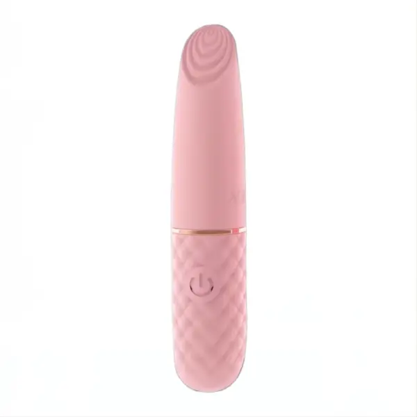 Front view of the Girly Bee Bullet Vibrator, featuring a soft pink silicone finish with a quilted base and spiral texture tip for targeted stimulation.