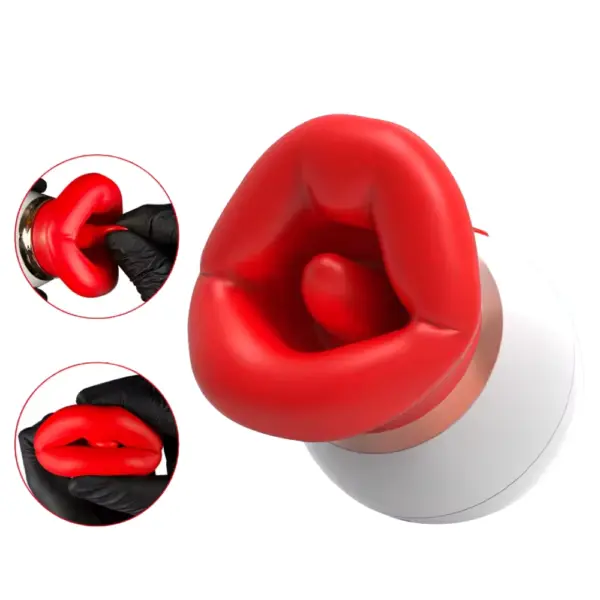 Close-up demonstration of the Fleur Kiss 3 in 1 Clit Vibrator’s red silicone lips being gently squeezed by a gloved hand, revealing its soft, flexible texture around an internal tongue-shaped nub.