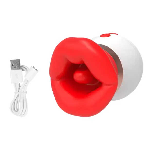 3 in 1 Clit Vibrator- Fleur Kiss shown alongside its USB charging cable, emphasizing the red silicone suction mouth and rechargeable white base.