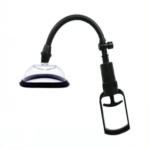 Fully assembled manual pussy pump with clear suction dome, black flexible hose, and trigger handle designed for external vaginal stimulation.