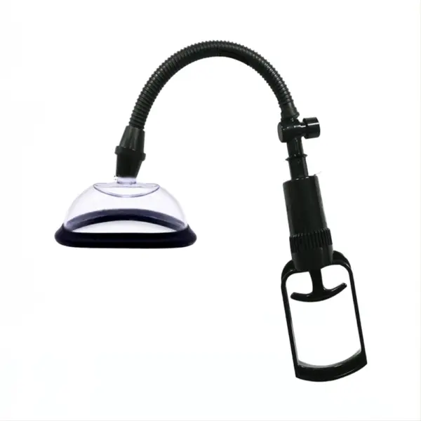 Fully assembled manual pussy pump with clear suction dome, black flexible hose, and trigger handle designed for external vaginal stimulation.