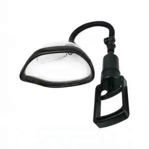 Side and bottom view of a manual pussy pump featuring a clear suction dome with black rim and ergonomic trigger handle attached by a flexible hose.