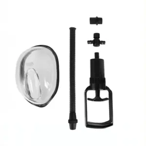 Disassembled view of a manual pussy pump showing the suction cup, flexible hose, trigger pump handle, and connectors.