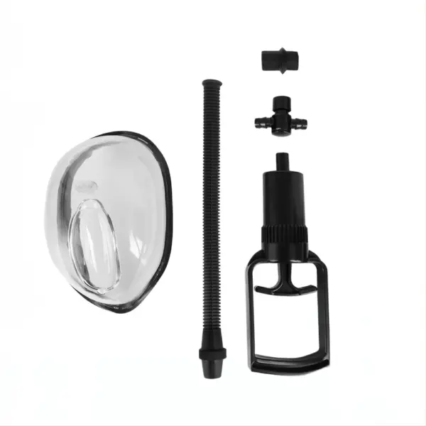 Disassembled view of a manual pussy pump showing the suction cup, flexible hose, trigger pump handle, and connectors.