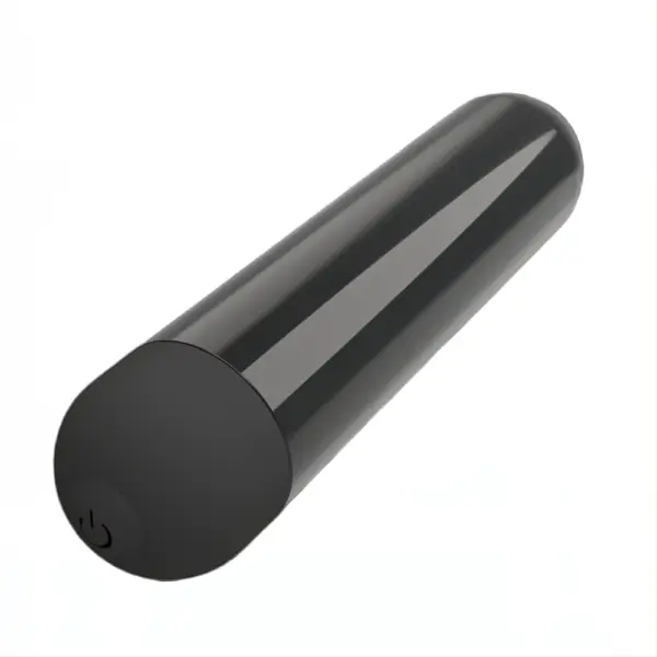 Sleek black Mini Thrill Bullet Vibrator shown from a bottom angle, highlighting its power button on the rounded end.