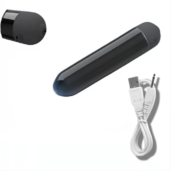 Mini Thrill Bullet Vibrator displayed with a USB charging cable and close-up view of the charging port for convenient recharging.