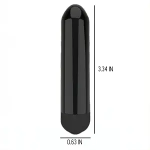 Mini Thrill Bullet Vibrator measuring 3.34 inches in length and 0.63 inches in width, shown upright with size labels for scale.