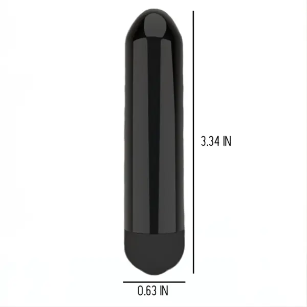 Mini Thrill Bullet Vibrator measuring 3.34 inches in length and 0.63 inches in width, shown upright with size labels for scale.