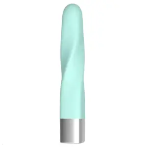 Front view of the Pocket Passion USB Rechargeable Mini Bullet Vibrator in mint green silicone with a silver-tone base, showcasing its slender, gently twisted shaft.
