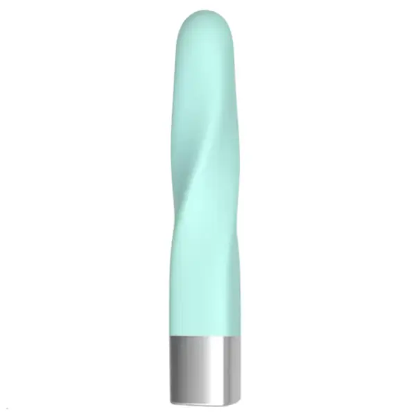 Front view of the Pocket Passion USB Rechargeable Mini Bullet Vibrator in mint green silicone with a silver-tone base, showcasing its slender, gently twisted shaft.