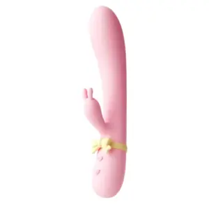 Flexible Rabbit Vibrator With Heating Pretty in Pink showing full-length curved shaft, dual-rabbit-ear stimulator, yellow bow accent and handle controls.