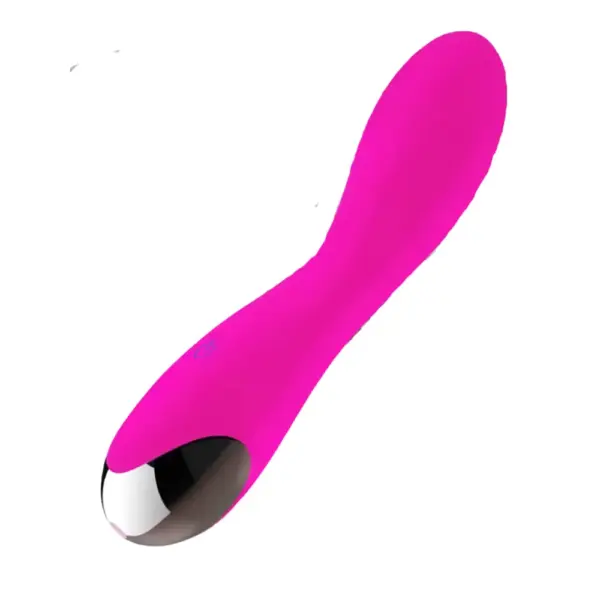 A hot pink, waterproof silicone Pulsing Paradise vibrating dildo displayed diagonally on a white background. The ergonomic curve and glossy metal-tone handle create a sleek, modern silhouette.