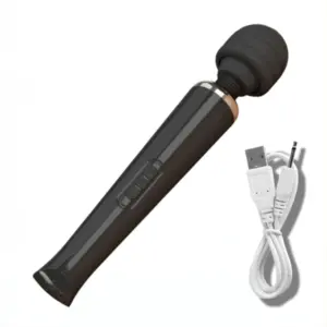 Black Powerful Ultra Wand Vibrator with a flexible silicone head, USB charging cable, and control buttons visible along the handle.