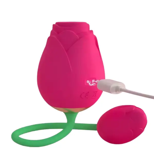 Blossom Vibes rose suction and egg vibrator showing the magnetic USB charger plugged into the base of the pink silicone rose body