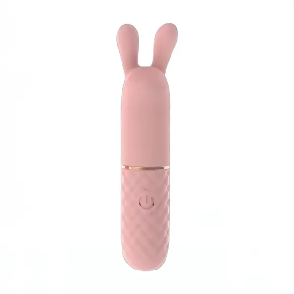 Straight-on view of the pink Rabbit Ears Bullet Vibrator with soft bunny ear tips and quilted grip, emphasizing its ergonomic, playful design and intuitive single-button control.