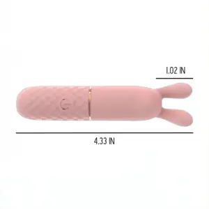Pink Rabbit Ears Bullet Vibrator shown horizontally with dimensions labeled as 4.33 inches in length and 1.02 inches at the widest point, highlighting its petite and targeted design.