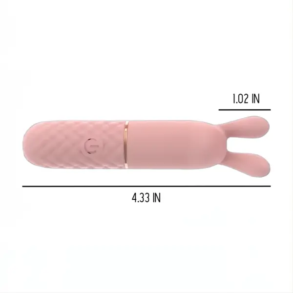 Pink Rabbit Ears Bullet Vibrator shown horizontally with dimensions labeled as 4.33 inches in length and 1.02 inches at the widest point, highlighting its petite and targeted design.