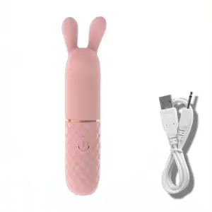 Front view of the Rabbit Ears Bullet Vibrator standing upright next to a USB charger, showcasing its soft dual tips, textured handle, and included charging accessories.