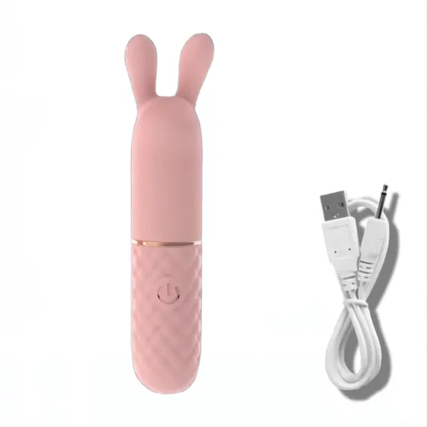 Front view of the Rabbit Ears Bullet Vibrator standing upright next to a USB charger, showcasing its soft dual tips, textured handle, and included charging accessories.
