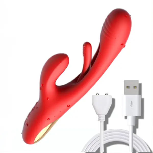 Waterproof Rabbit Vibrator With Flapping Tongue shown with included magnetic USB charging cable.