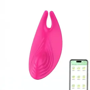 Front side of the Rechargeable Vibrating Panty - Pink Secret featuring sleek textured curves and a subtle vibrating zone, shown next to a smartphone screen displaying various vibration modes in an app.