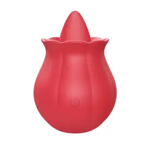 Front view of the red “Playful Pout” rose-shaped licking vibrator, its silicone petals forming a bloom with a smooth bullet tip emerging at center and a discreet power symbol on the body.