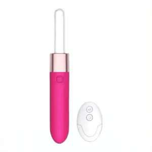 Remote control bullet vibrator alongside its white wireless remote with two buttons for intensity and power control, designed for discreet and hands-free pleasure.