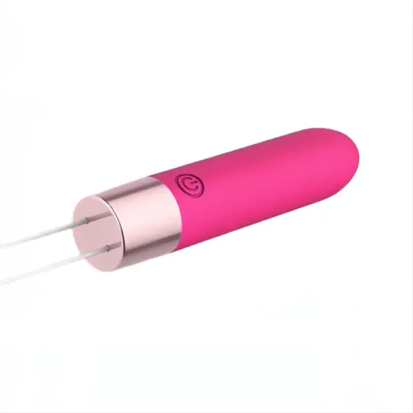 Close-up of a pink remote control bullet vibrator with a metallic accent and attached retrieval cord, showcasing the compact design and power button.
