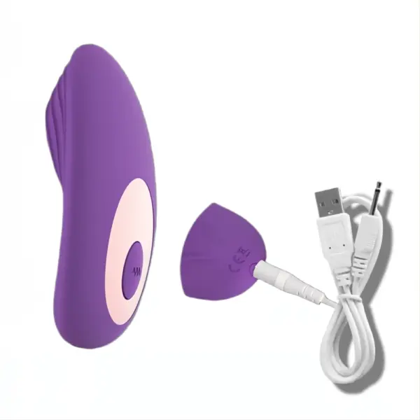 Side view of the Secret Purr purple vibrator next to its USB charging cable and port, emphasizing easy recharging for remote controlled vibrating panties.