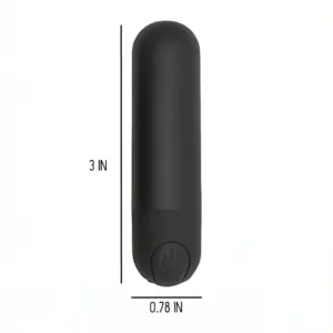 Black bullet vibrator standing upright with text showing dimensions: 3 inches tall and 0.78 inches wide.