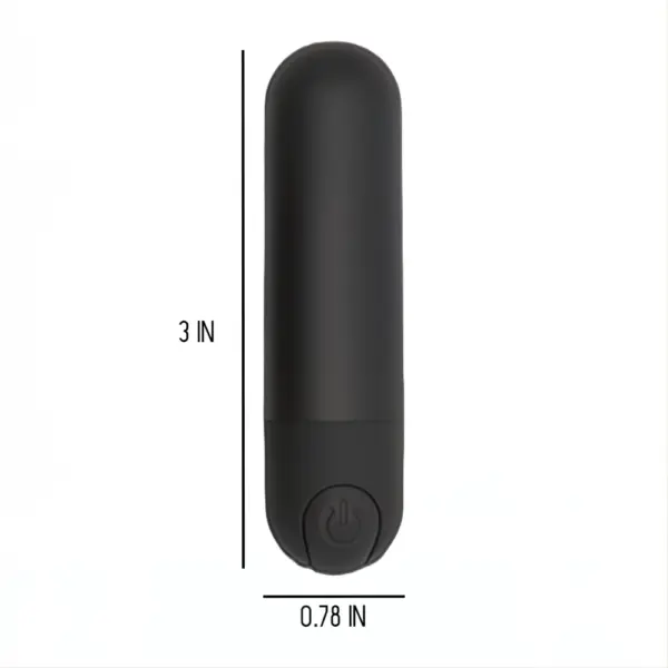 Black bullet vibrator standing upright with text showing dimensions: 3 inches tall and 0.78 inches wide.