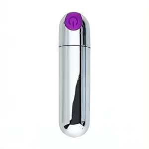 A close-up of the Fifion Silver Bullet Vibrator, featuring a chrome finish and single-button control in purple, emphasizing its minimalist, discreet appearance.