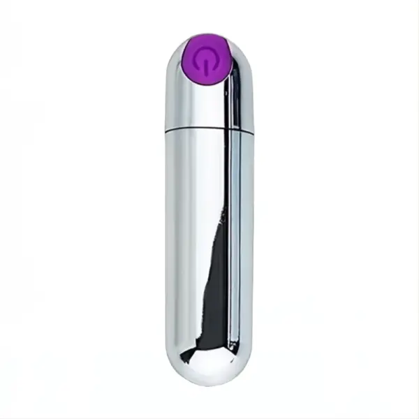 A close-up of the Fifion Silver Bullet Vibrator, featuring a chrome finish and single-button control in purple, emphasizing its minimalist, discreet appearance.