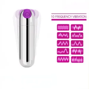 Shiny silver bullet vibrator with purple power button, shown in motion with 10 illustrated vibration modes labeled "10 Frequency Vibration" on the side. This compact Fifion Silver Bullet Vibrator offers multiple pulsation patterns for tailored pleasure.