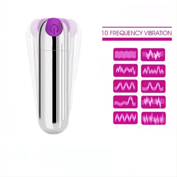 Shiny silver bullet vibrator with purple power button, shown in motion with 10 illustrated vibration modes labeled "10 Frequency Vibration" on the side. This compact Fifion Silver Bullet Vibrator offers multiple pulsation patterns for tailored pleasure.