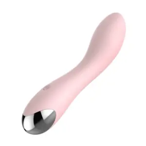 A blush pastel pink, waterproof silicone Pulsing Paradise vibrating dildo with a smooth, gently contoured shaft and metallic accent base, photographed on a plain white backdrop.