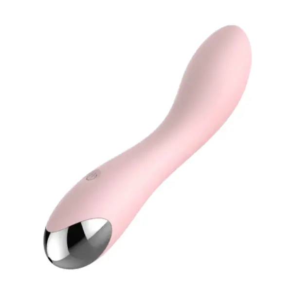 A blush pastel pink, waterproof silicone Pulsing Paradise vibrating dildo with a smooth, gently contoured shaft and metallic accent base, photographed on a plain white backdrop.