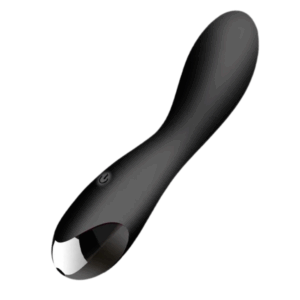 A matte black, waterproof silicone Pulsing Paradise vibrating dildo positioned at an angle against a white background, highlighting its ergonomic curve and shiny chrome tip.