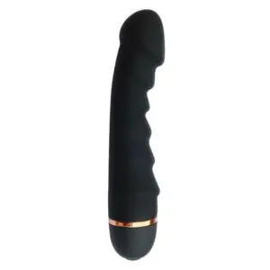 Upright view of the Vibrant Virtue 20-mode silicone vibrating dildo in black, showing its gently rippled shaft texture and metallic gold accent band at the base.