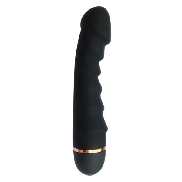 Upright view of the Vibrant Virtue 20-mode silicone vibrating dildo in black, showing its gently rippled shaft texture and metallic gold accent band at the base.