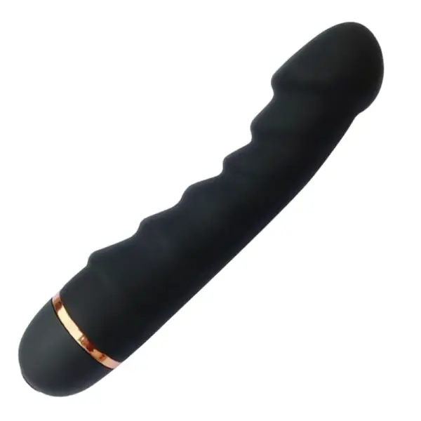 Angled profile of the Vibrant Virtue 20-mode silicone vibrating dildo in black, highlighting the contoured tip, wave-textured shaft, and gold-trimmed handle.